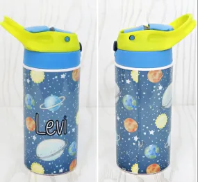 12 oz Stainless Steel Solar System Tumbler - Boys Outer Space Water Bottle - Planets Flip Top - Insulated Reusable - Straw - Personalized Custom with Handle