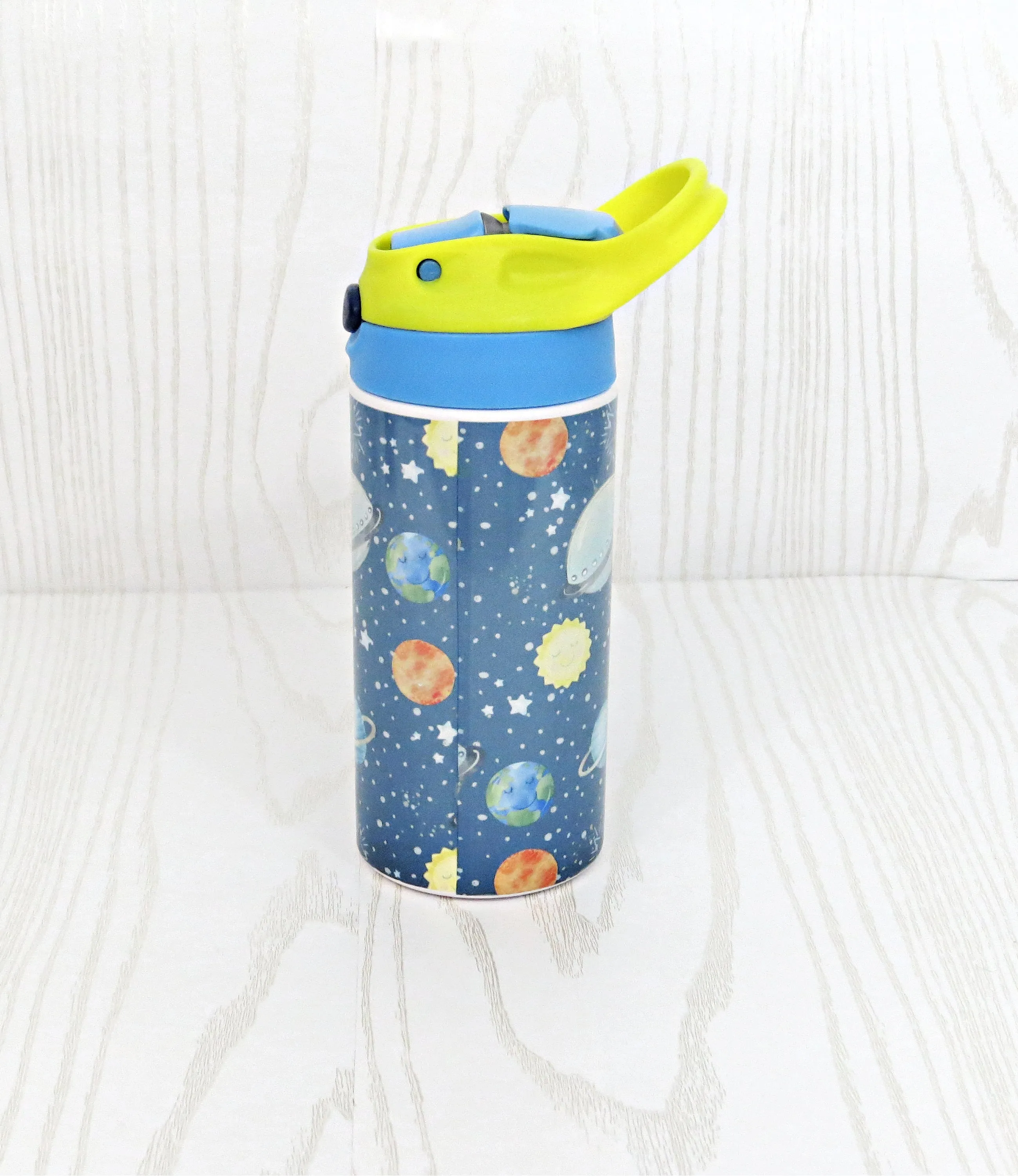 12 oz Stainless Steel Solar System Tumbler - Boys Outer Space Water Bottle - Planets Flip Top - Insulated Reusable - Straw - Personalized Custom with Handle