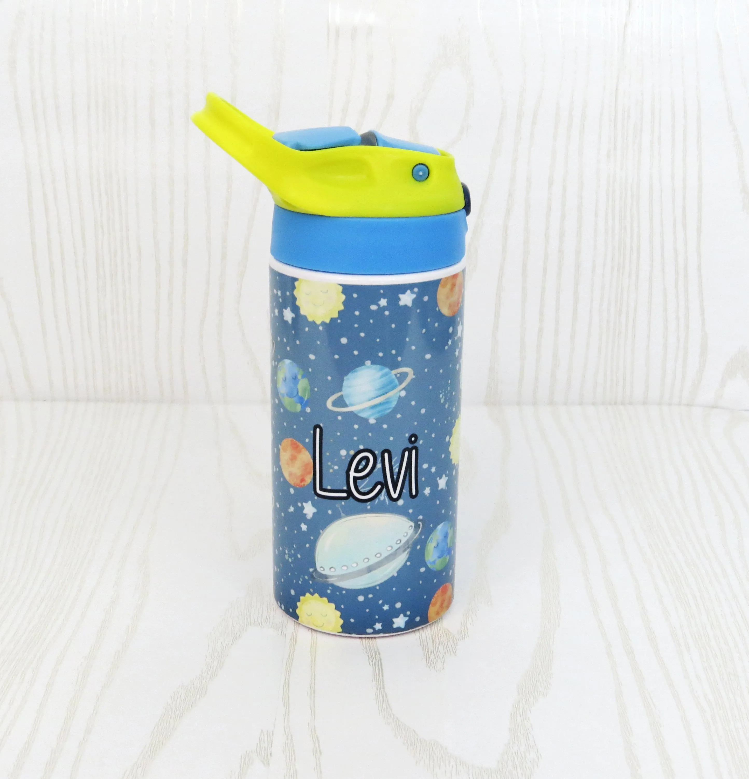 12 oz Stainless Steel Solar System Tumbler - Boys Outer Space Water Bottle - Planets Flip Top - Insulated Reusable - Straw - Personalized Custom with Handle