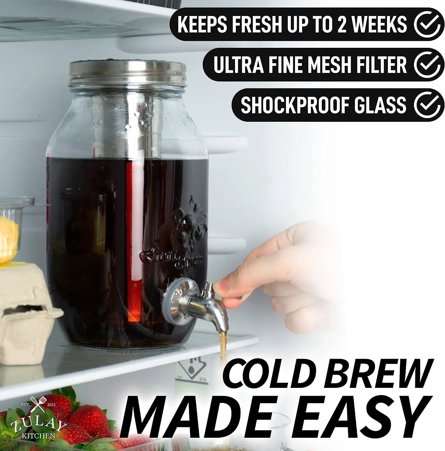 1.5 Liter Cold Brew Coffee Maker with EXTRA-THICK Glass Carafe & Stainless Steel Mesh Filter