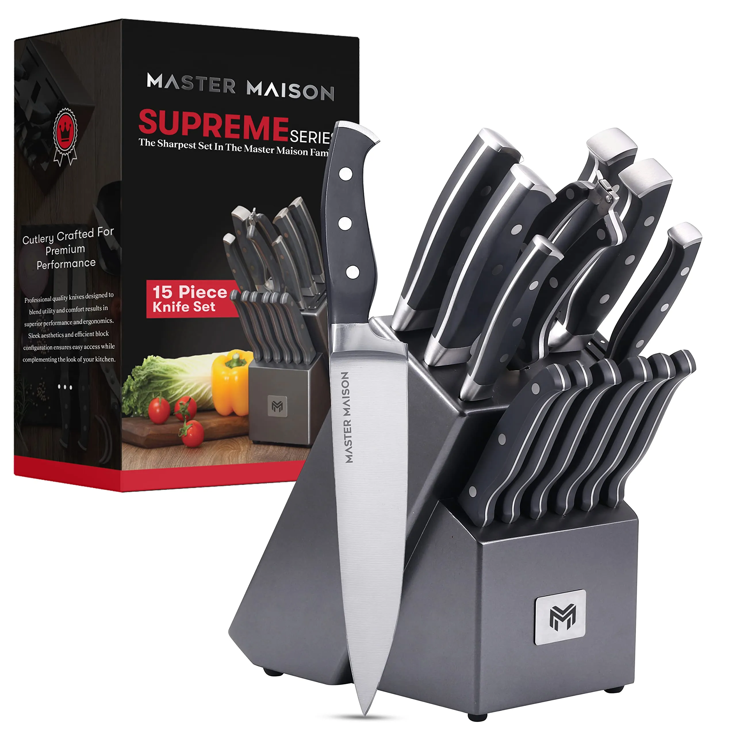 15-Piece Kitchen Knife Set With Block  German Stainless Steel