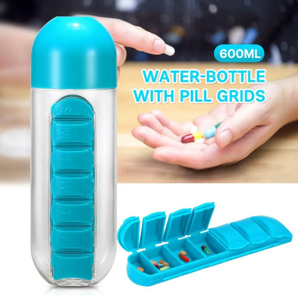 600ml Water Bottle with Pill Grids Portable Sport Waterbottle with Detachable Daily Pill Holder Traveling Outing Medicine Organizer Pill Bottle