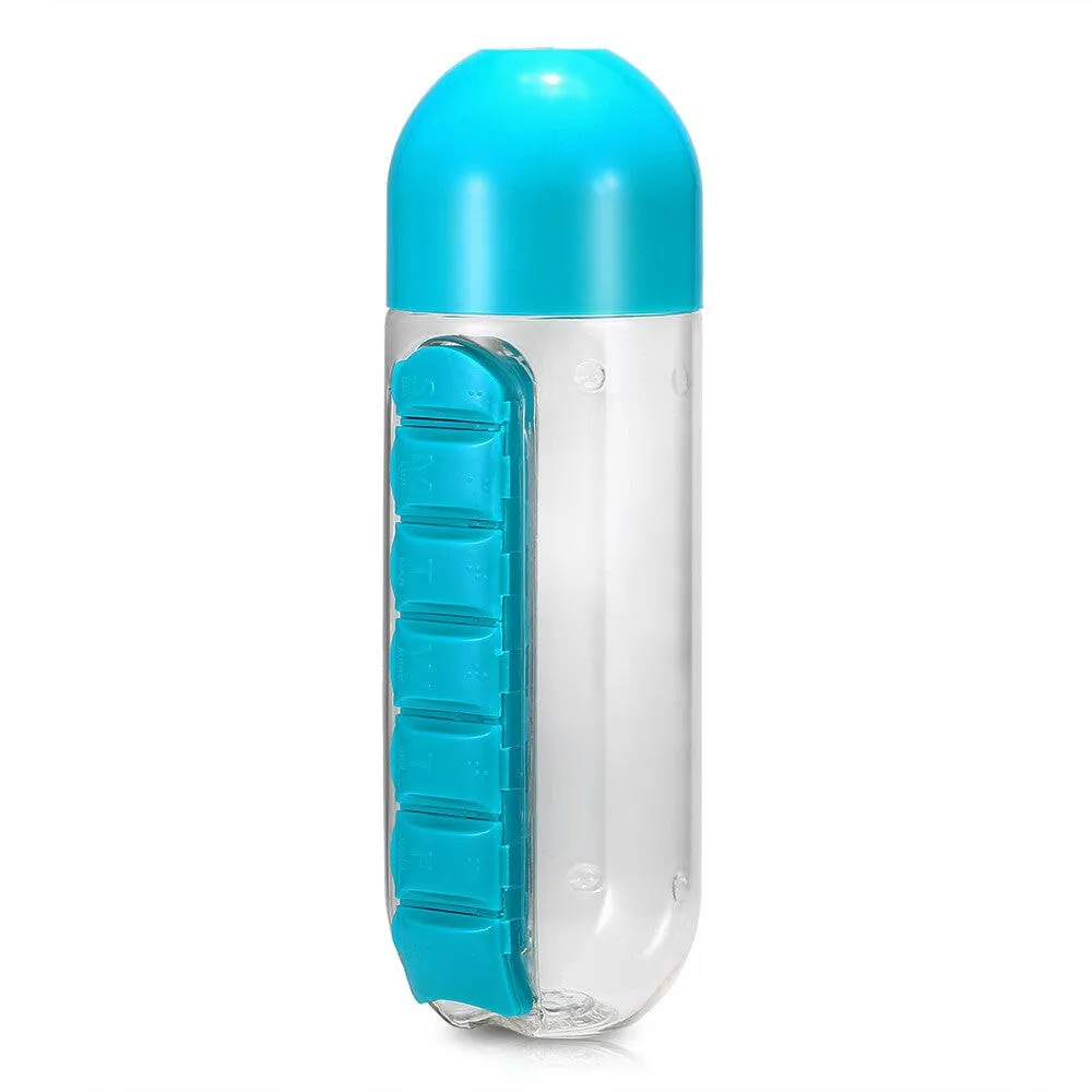 600ml Water Bottle with Pill Grids Portable Sport Waterbottle with Detachable Daily Pill Holder Traveling Outing Medicine Organizer Pill Bottle