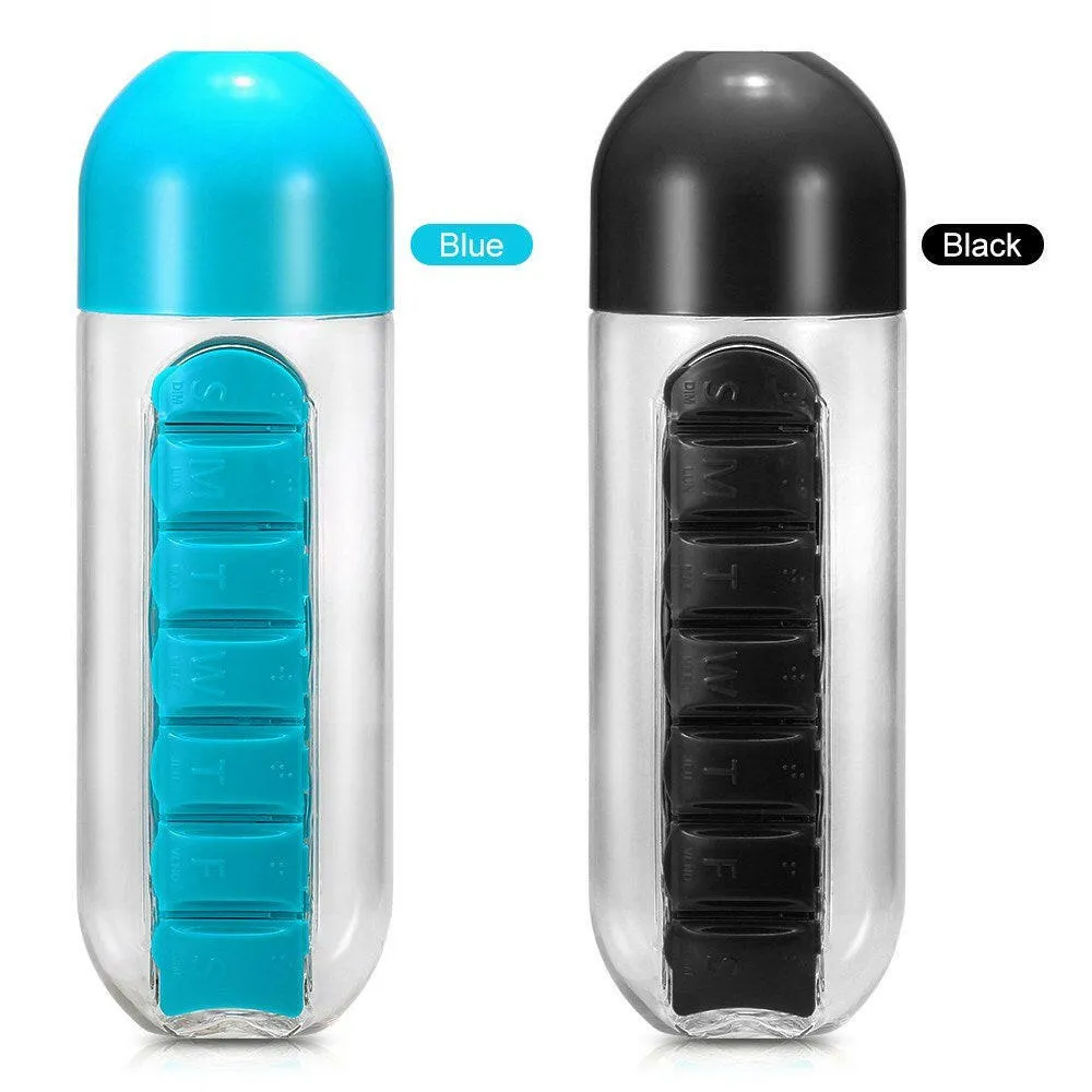 600ml Water Bottle with Pill Grids Portable Sport Waterbottle with Detachable Daily Pill Holder Traveling Outing Medicine Organizer Pill Bottle