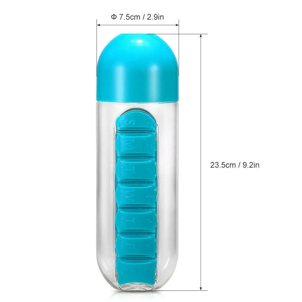 600ml Water Bottle with Pill Grids Portable Sport Waterbottle with Detachable Daily Pill Holder Traveling Outing Medicine Organizer Pill Bottle