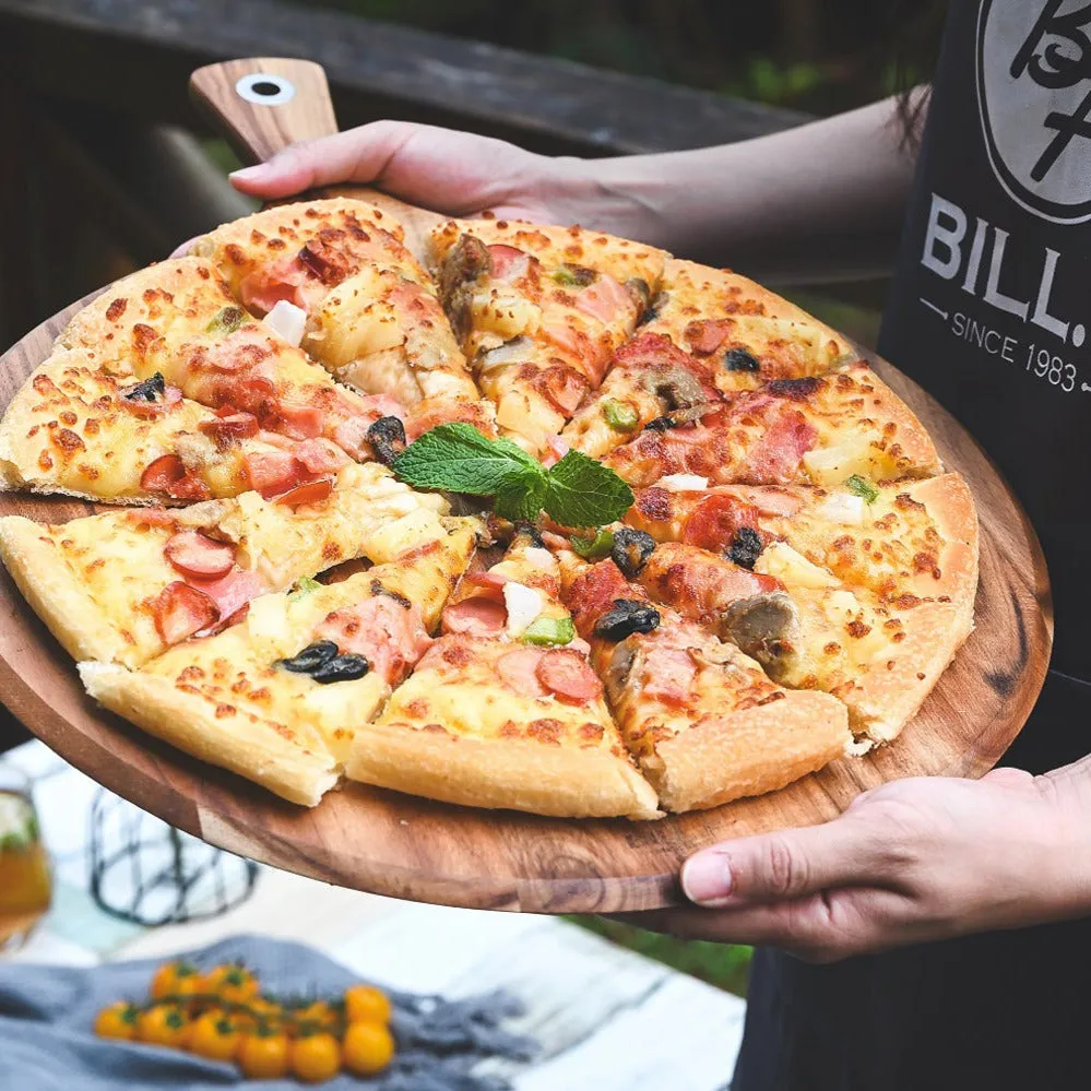 Acacia Wood Cutting Board with Handle Pizza Paddle Serving Board for Cheese, Meat, Fruit and Bread