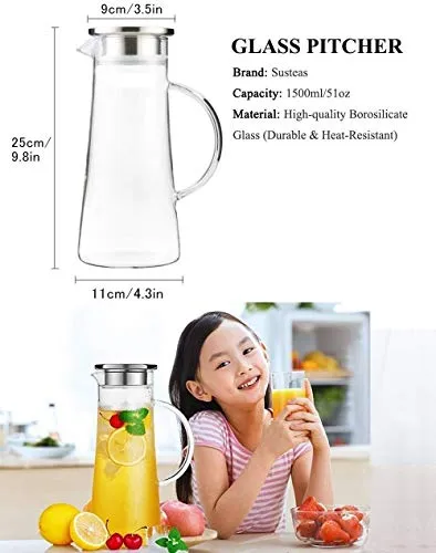 Akky Enterprise Glass Water Carafe Pitcher With Stainless Steel Infuser Lid and Spout - Heat Resistant Pitcher for Hot/Cold Water, Jug Bottle,Milk,Juice, Iced Tea (Glass, 1300ml),(1 pcs)