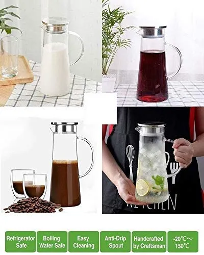 Akky Enterprise Glass Water Carafe Pitcher With Stainless Steel Infuser Lid and Spout - Heat Resistant Pitcher for Hot/Cold Water, Jug Bottle,Milk,Juice, Iced Tea (Glass, 1300ml),(1 pcs)