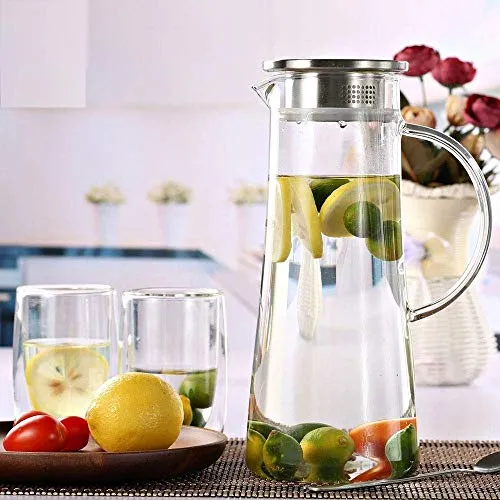 Akky Enterprise Glass Water Carafe Pitcher With Stainless Steel Infuser Lid and Spout - Heat Resistant Pitcher for Hot/Cold Water, Jug Bottle,Milk,Juice, Iced Tea (Glass, 1300ml),(1 pcs)