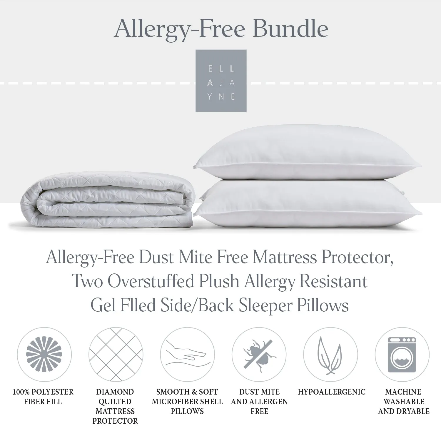 Allergy Free Bundle | Overstuffed Plush Allergy Resistant Gel Filled Side/Back Sleeper Pillow and Allergy-Free Dust Mite Free Mattress Protector