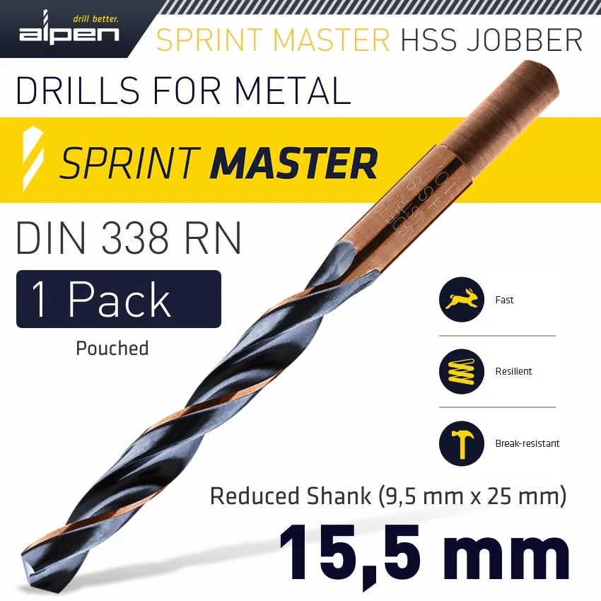 ALPEN HSS SPRINT MASTER 15.5MM RED SHANK 9.5MM X1 SLEEVED DIN338 ALPEN DRILL ALP6400155