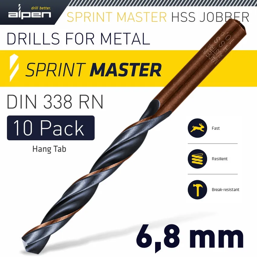 ALPEN HSS SPRINT MASTER 6.8MM 10-PACK HANG TAG DIN 338 ALPEN DRILL BITS ALP6310068