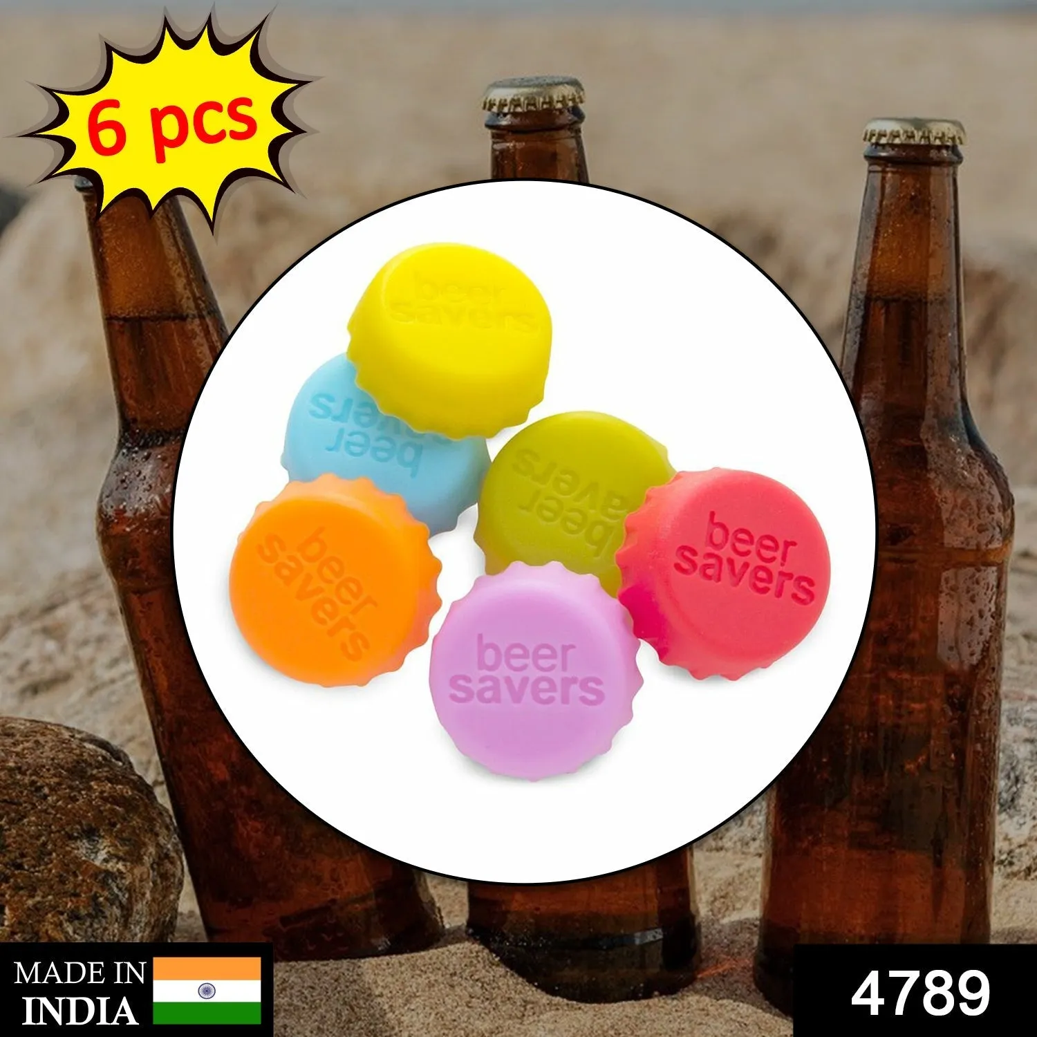 Beer Savers Caps 6Pc used in soda and cold-drink bottles for covering bottle mouth.