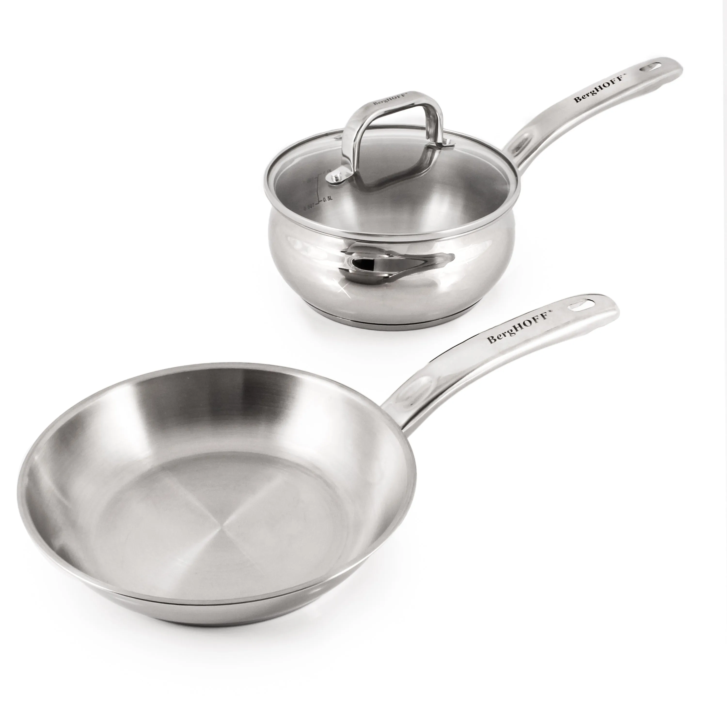 BergHOFF Belly Shape 3pc 18/10 Stainless Steel Fry Pan & Saucepan Cookware Set with Glass Lid