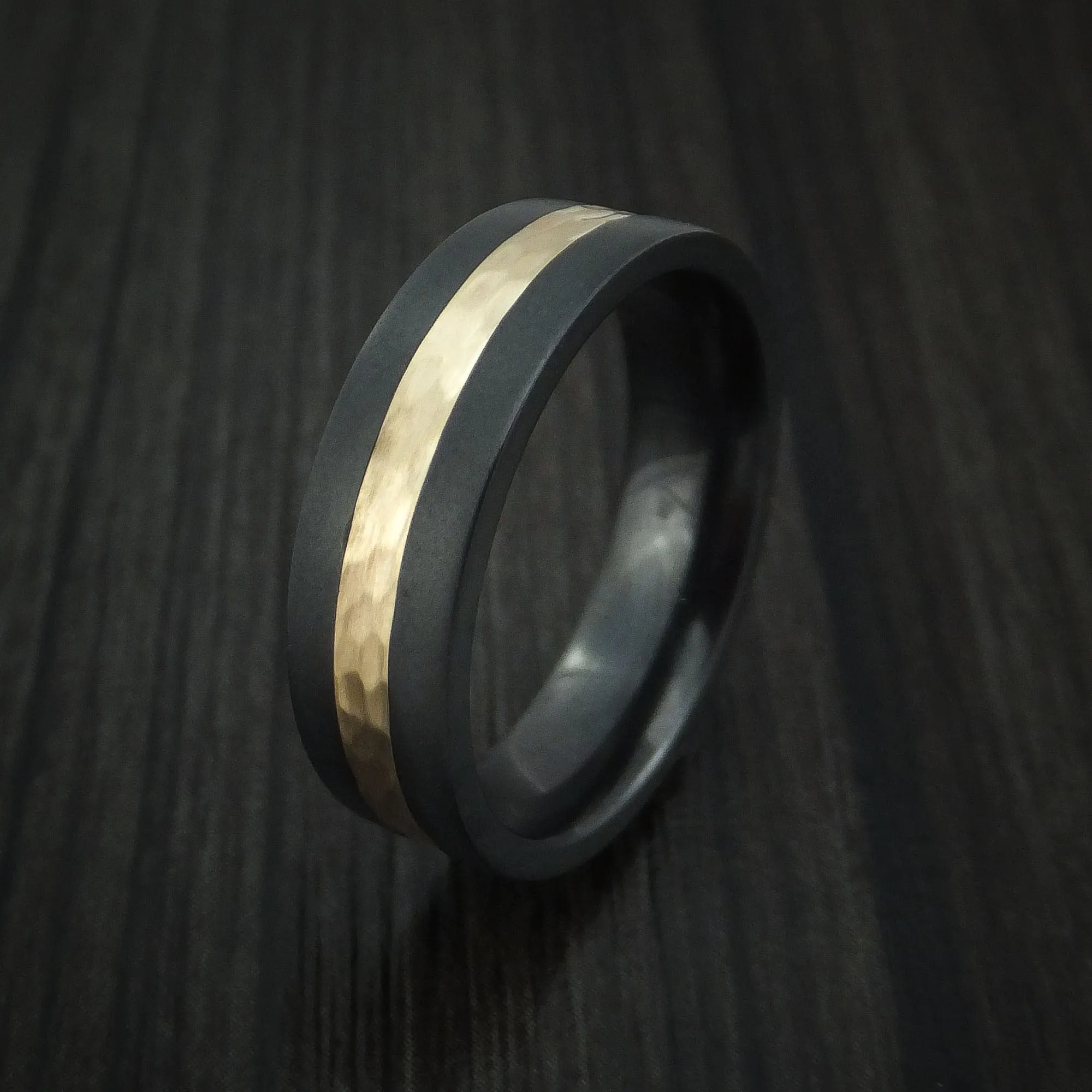 Black Titanium and Hammered 14k Yellow Gold Band Custom Made Men's Ring