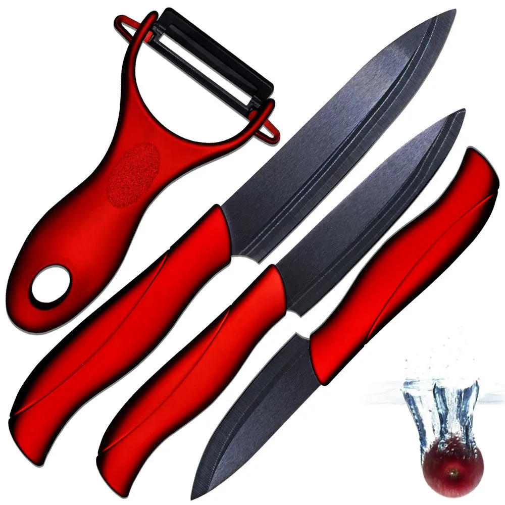 Ceramic knife 3" paring 4" utility 5" slicing knife and one sharp black balde red handle peeler accessories kitchen knives set