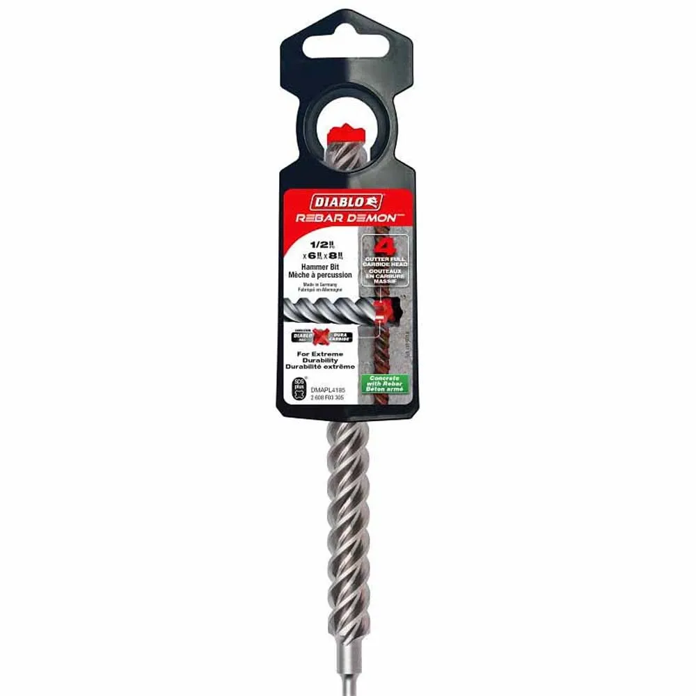 Diablo DMAPL4185 1/2" x 6" x 8" Rebar Demon SDS-Plus 4-Cutter Full Carbide Head Hammer Drill Bit