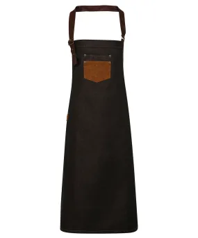 Division waxed-look denim bib apron with faux leather | Black/Tan Denim