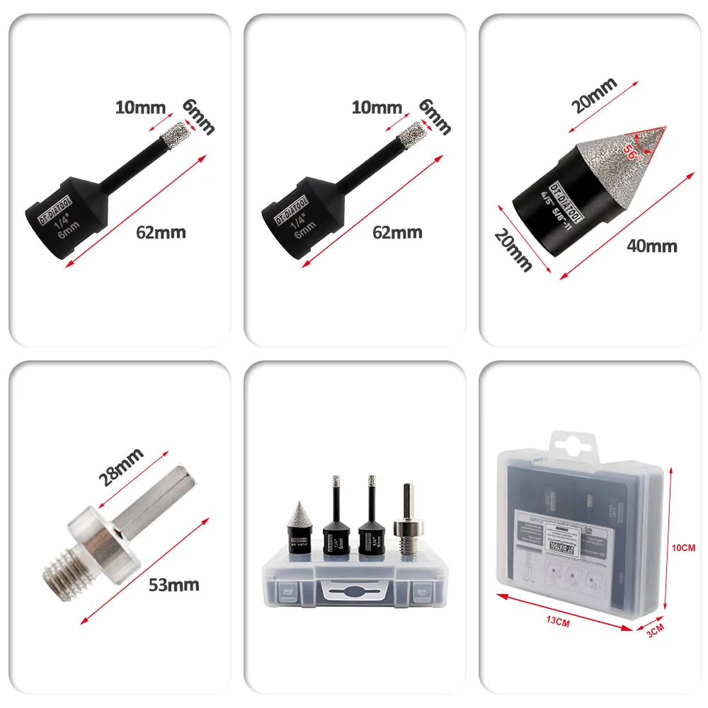 DT-DIATOOL Diamond Drill Bit 4pcs/set Dia 6/6mm 20mm Chamfer Bit Hexagon Adapter Granite Marble Porcelain Hole Saw 5/8-11 Thread