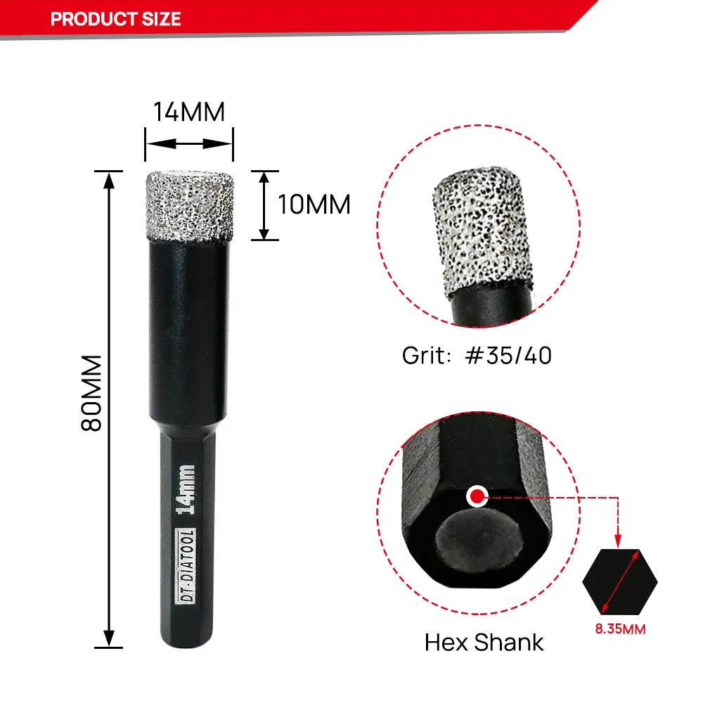 DT-DIATOOL Dry Diamond Drill Bits with Hex Shank for Tile Porcelian Marble Granite Brick 5/6/8/10/12/14mm