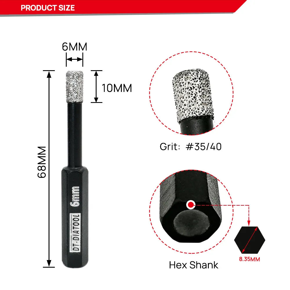 DT-DIATOOL Dry Diamond Drill Bits with Hex Shank for Tile Porcelian Marble Granite Brick 5/6/8/10/12/14mm