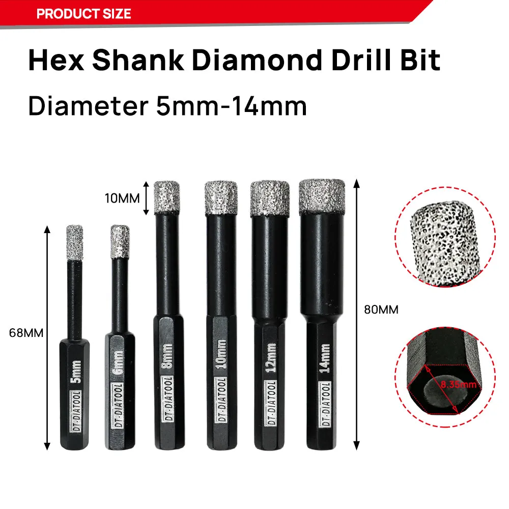 DT-DIATOOL Dry Diamond Drill Bits with Hex Shank for Tile Porcelian Marble Granite Brick 5/6/8/10/12/14mm