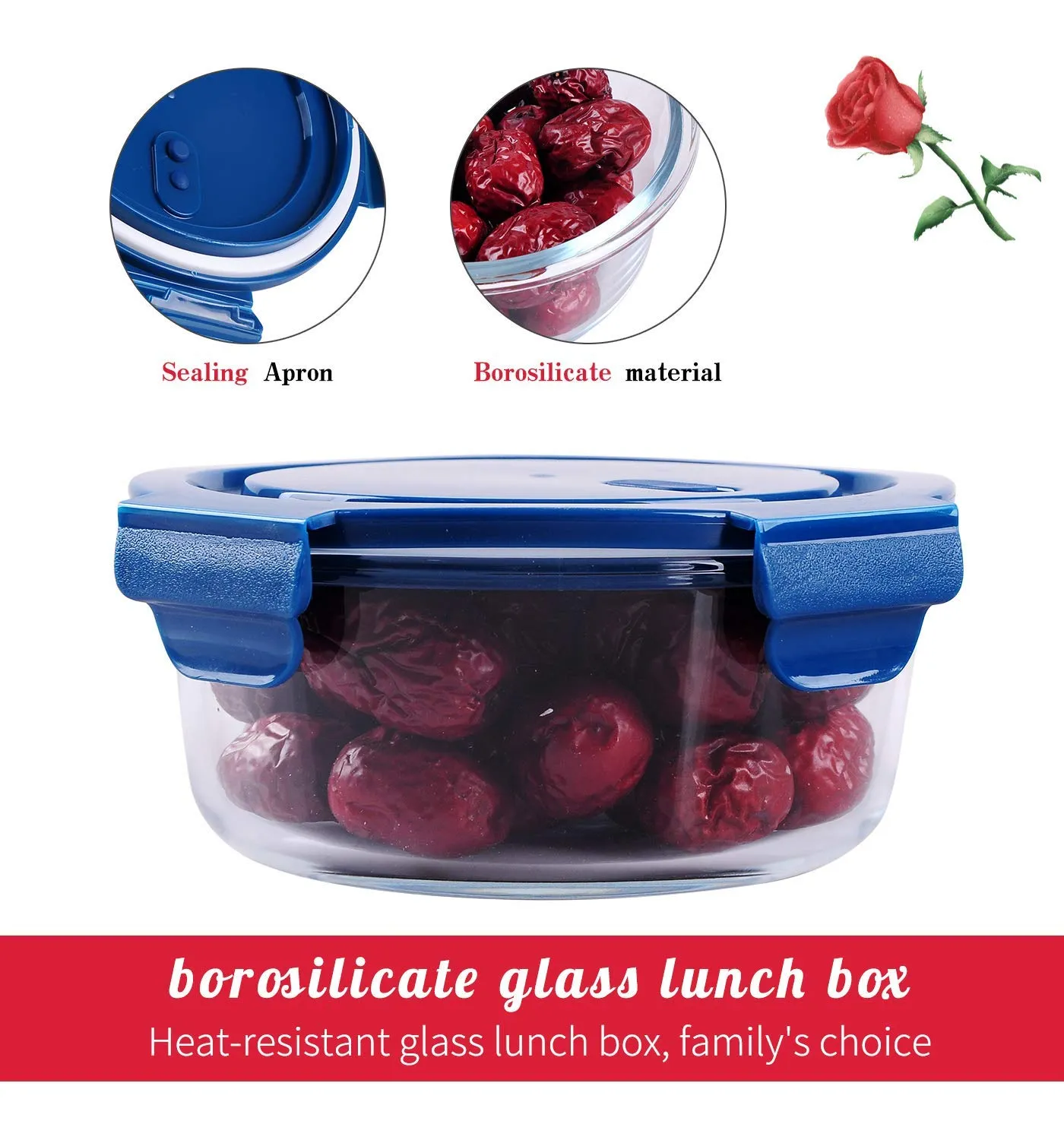 Evolluxi® 660 ML Glass Food Storage Containers with Blue Lids, Glass Meal Prep Containers, Airtight Glass Lunch,BPA Free & Leak Proof [ BLUE] (ROUND, 3)