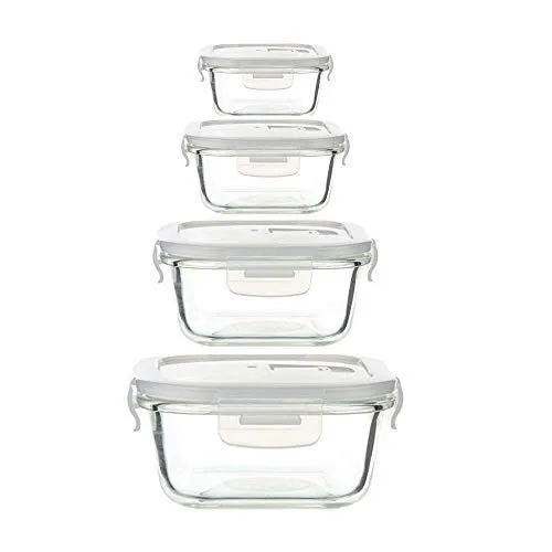 Femora Borosilicate Glass Microwave Safe Square Food Storage Container with Air Vent Lid, 180ml, 300ml, 500ml, 800ml, Set of 4, One Year Free Replacement