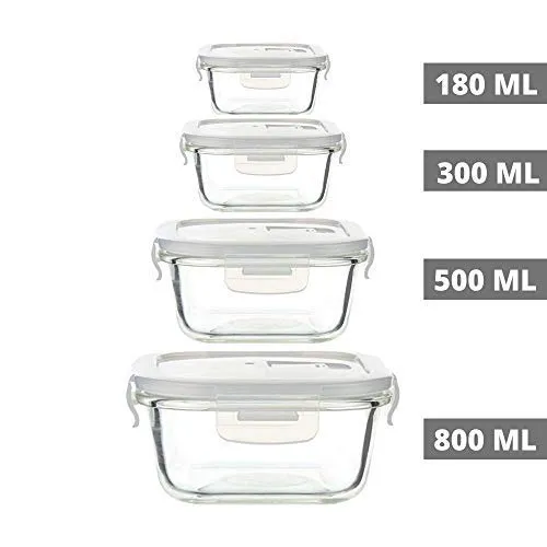 Femora Borosilicate Glass Microwave Safe Square Food Storage Container with Air Vent Lid, 180ml, 300ml, 500ml, 800ml, Set of 4, One Year Free Replacement