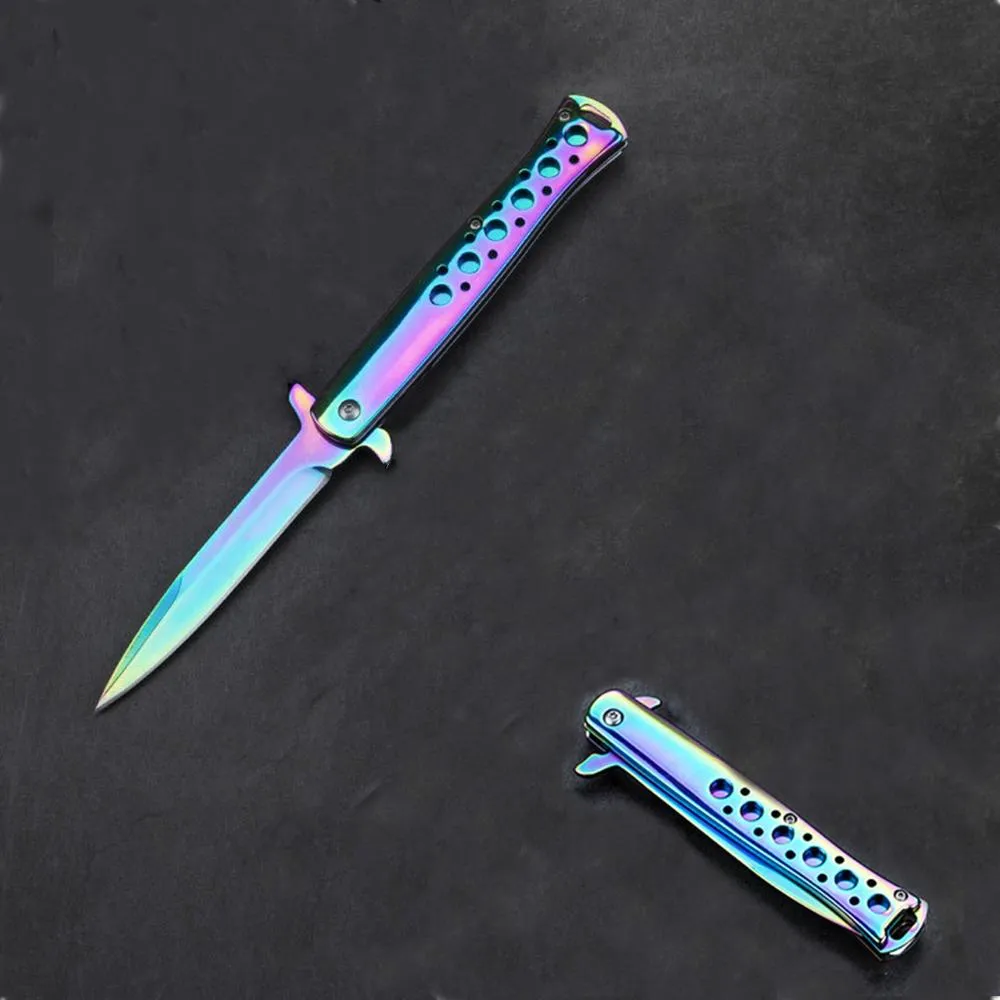 Folding Pocket Knife – Rainbow Coated Stainless Steel Blade and Liner, Aluminum Handle w/Lanyard Hole, Small, Lightweight Every Day Carry, Outdoor,EDC