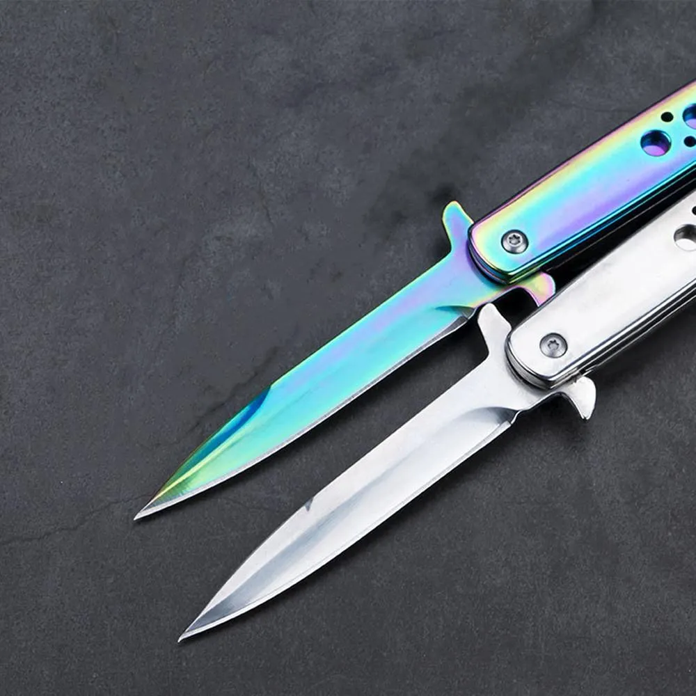 Folding Pocket Knife – Rainbow Coated Stainless Steel Blade and Liner, Aluminum Handle w/Lanyard Hole, Small, Lightweight Every Day Carry, Outdoor,EDC