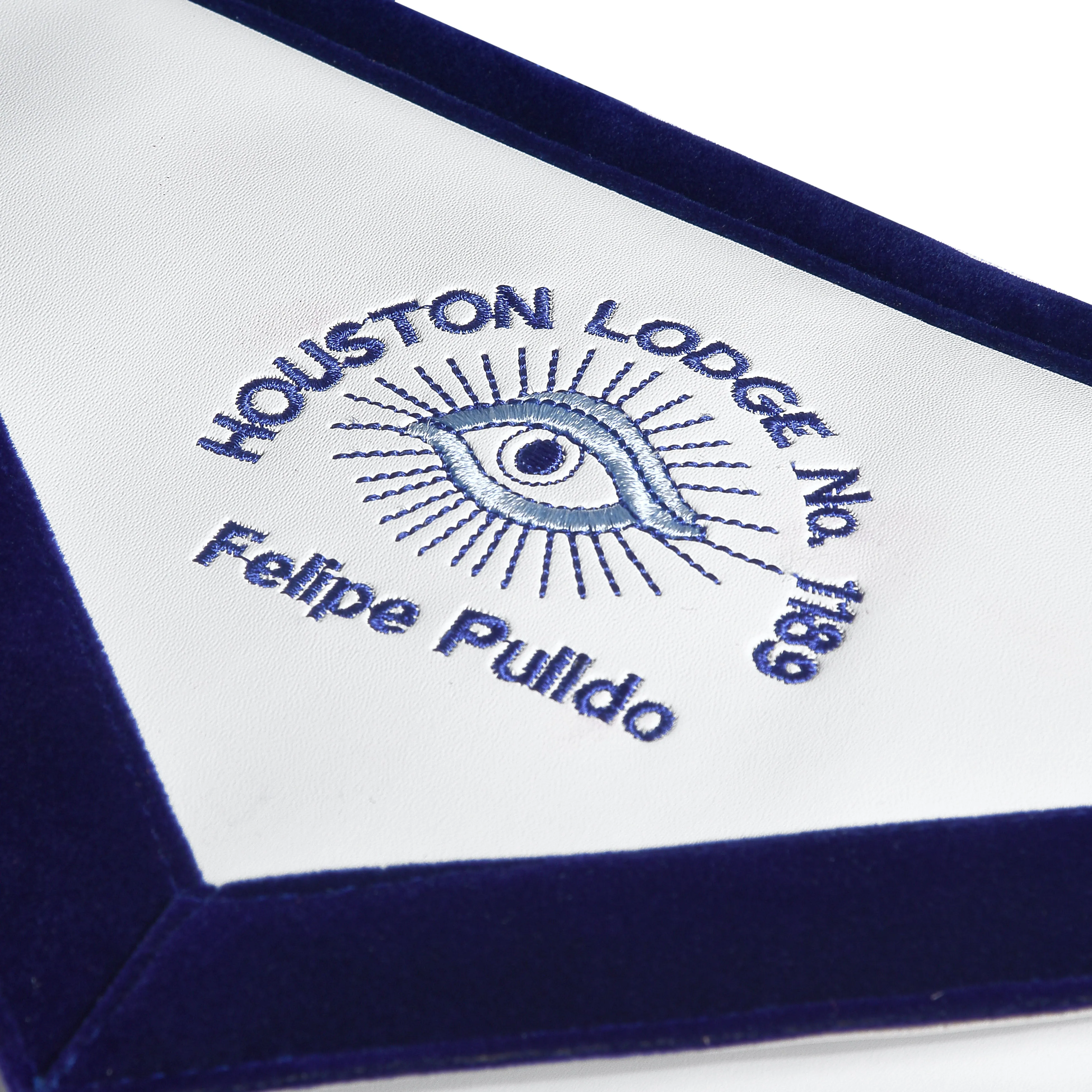 Grand Past Master Blue Lodge California Regulation Apron - Blue Velvet With Hand Threaded Silk