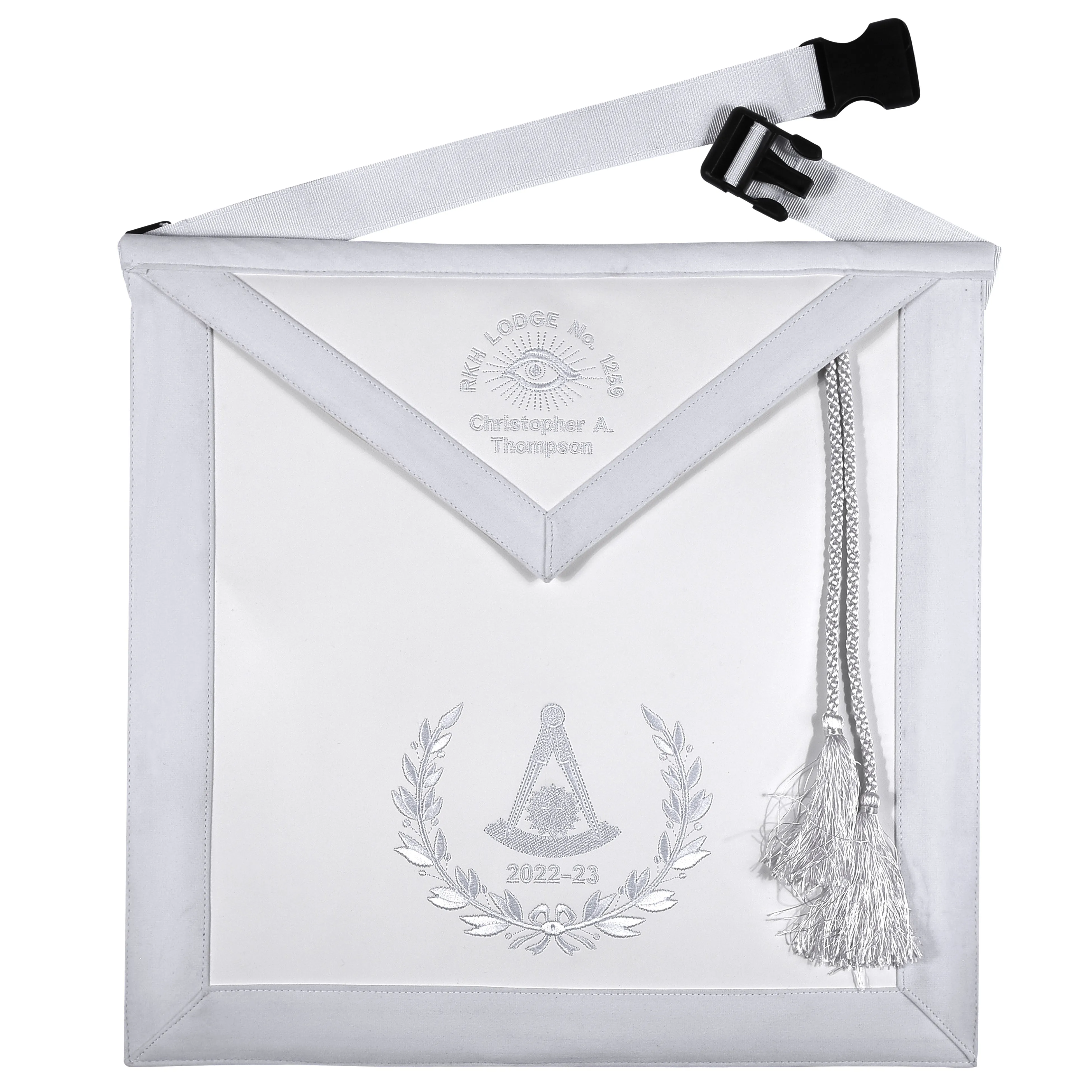 Grand Past Master Blue Lodge California Regulation Apron - White Velvet Hand Threaded Silk