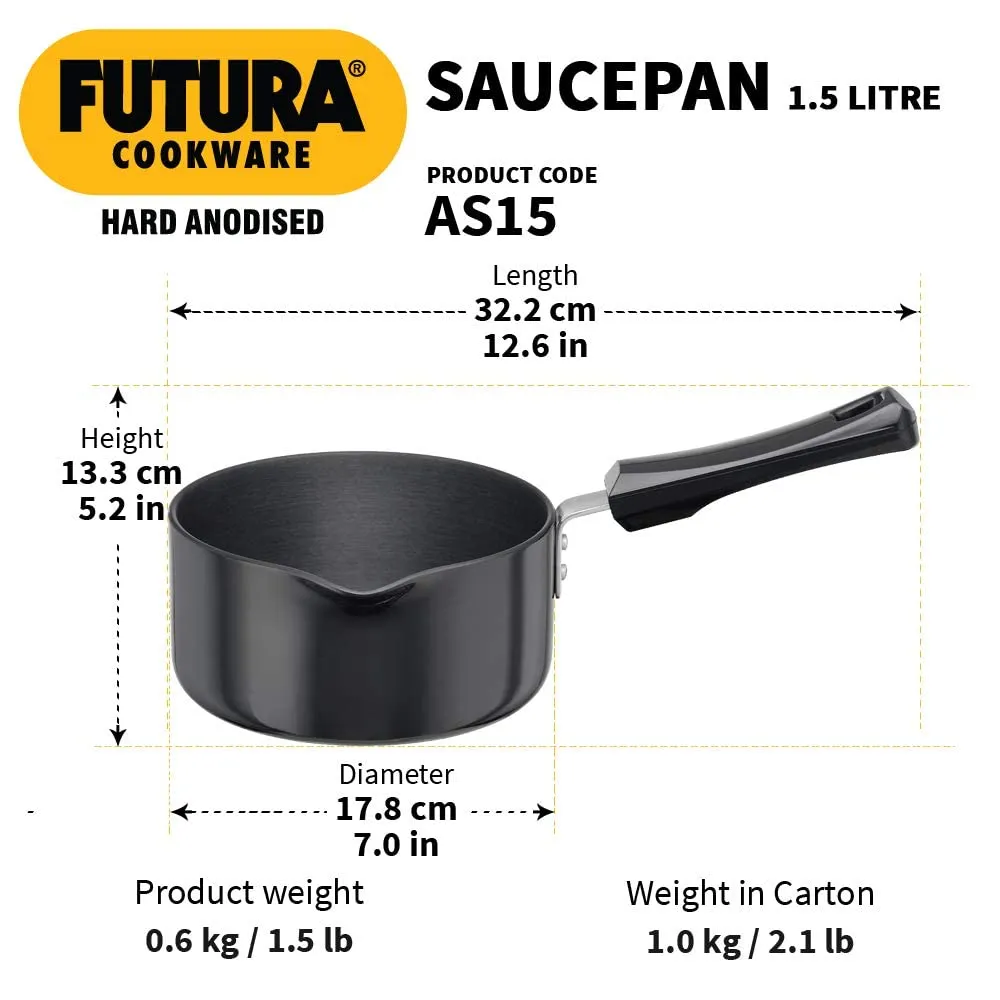 Hawkins Futura Hard Anodised Saucepan, Capacity 1.5 Litre, Diameter 16 cm, Thickness 3.25 mm, Black (Aluminium, AS15)