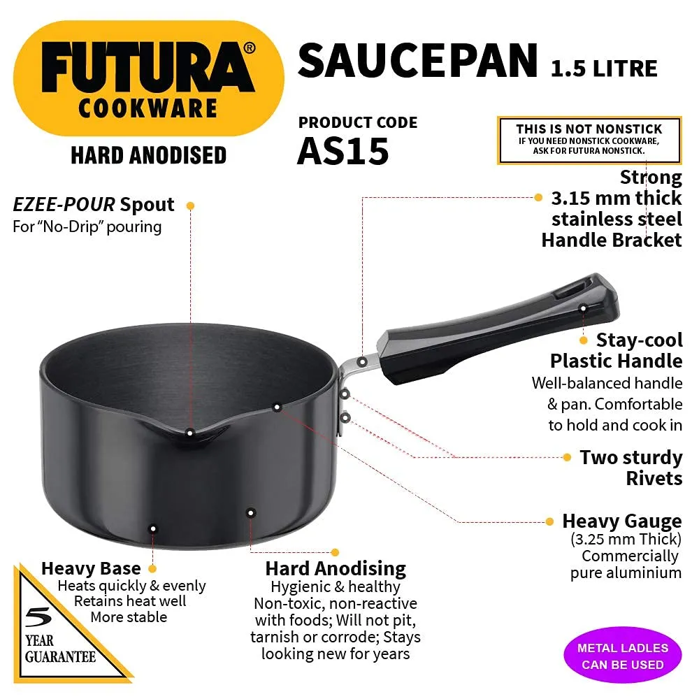 Hawkins Futura Hard Anodised Saucepan, Capacity 1.5 Litre, Diameter 16 cm, Thickness 3.25 mm, Black (Aluminium, AS15)