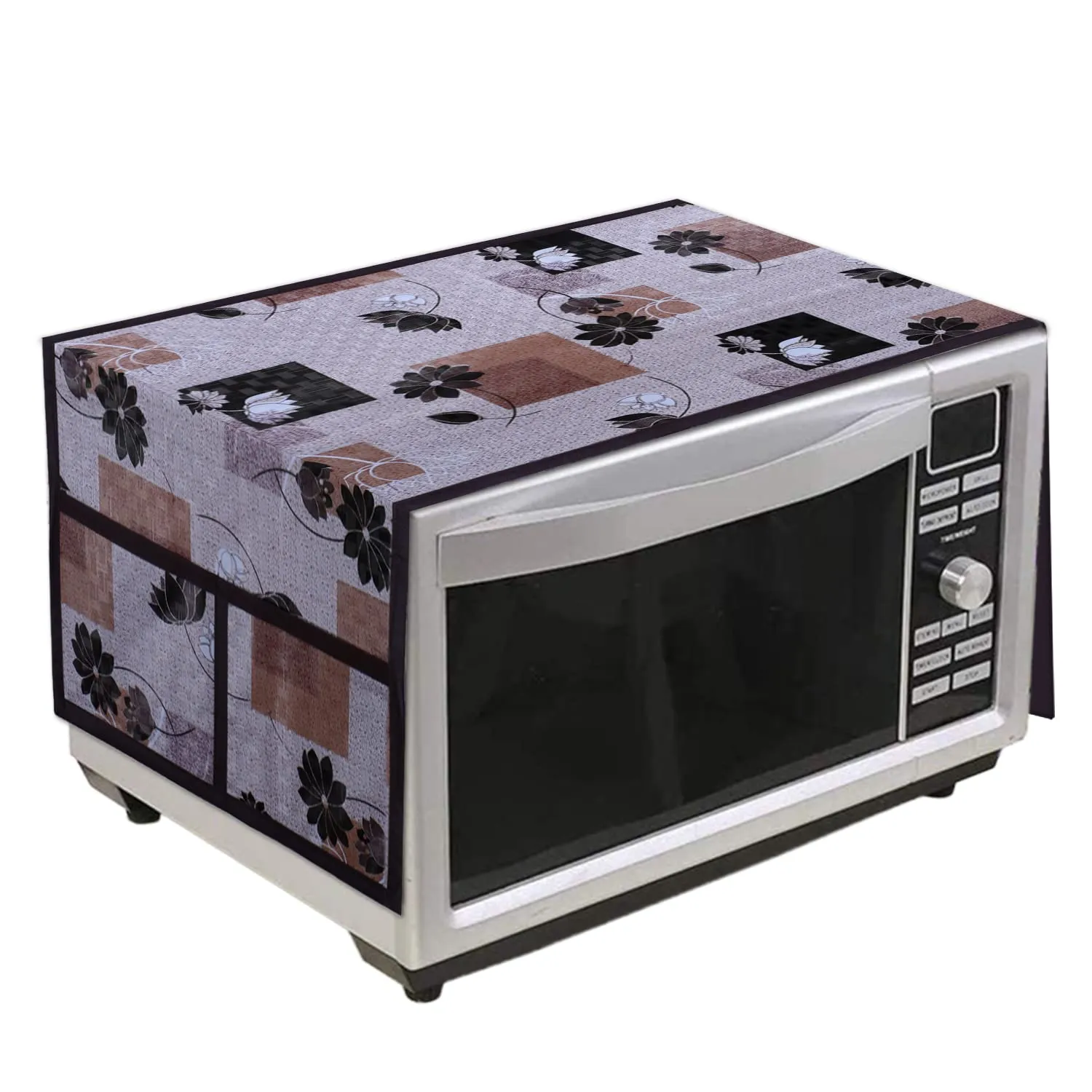 Heart Home Flower Printed PVC Decorative Microwave Oven Top Cover with 4 Utility Pockets (Pink)