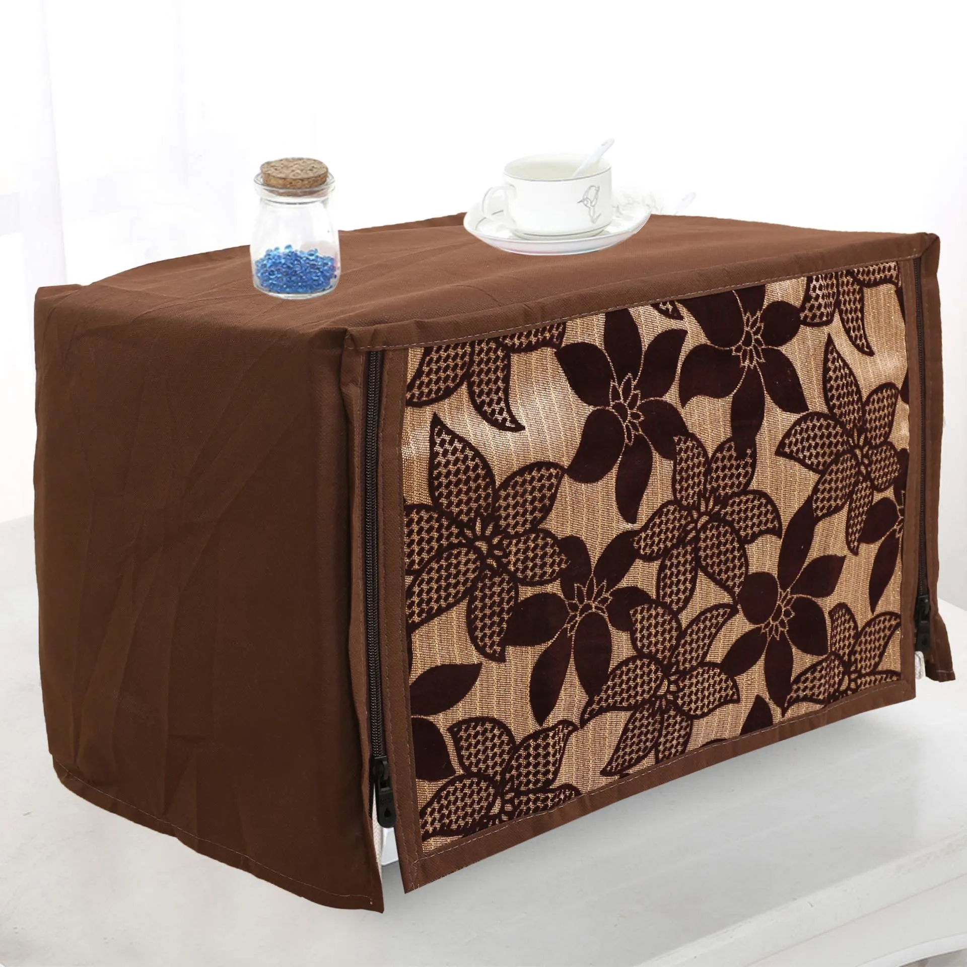 Heart Home Velvet Flower Printed Microwave Oven Cover, Dustproof Machine Protector Cover,23 LTR. (Brown)-HS43HEARTH26058