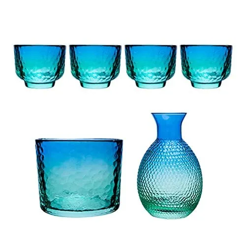 Japanese Sake Sets include 1 Sake Pot   4 Sake Cups   1 Bowl Tokkuri Bottle Ochoko Cups Decanter Carafe Set Glass Gifts for Saki Lover Party (blue)