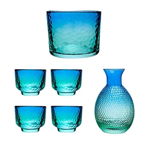 Japanese Sake Sets include 1 Sake Pot   4 Sake Cups   1 Bowl Tokkuri Bottle Ochoko Cups Decanter Carafe Set Glass Gifts for Saki Lover Party (blue)