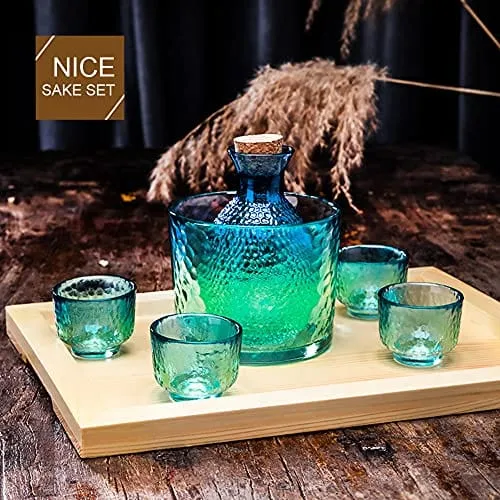 Japanese Sake Sets include 1 Sake Pot   4 Sake Cups   1 Bowl Tokkuri Bottle Ochoko Cups Decanter Carafe Set Glass Gifts for Saki Lover Party (blue)