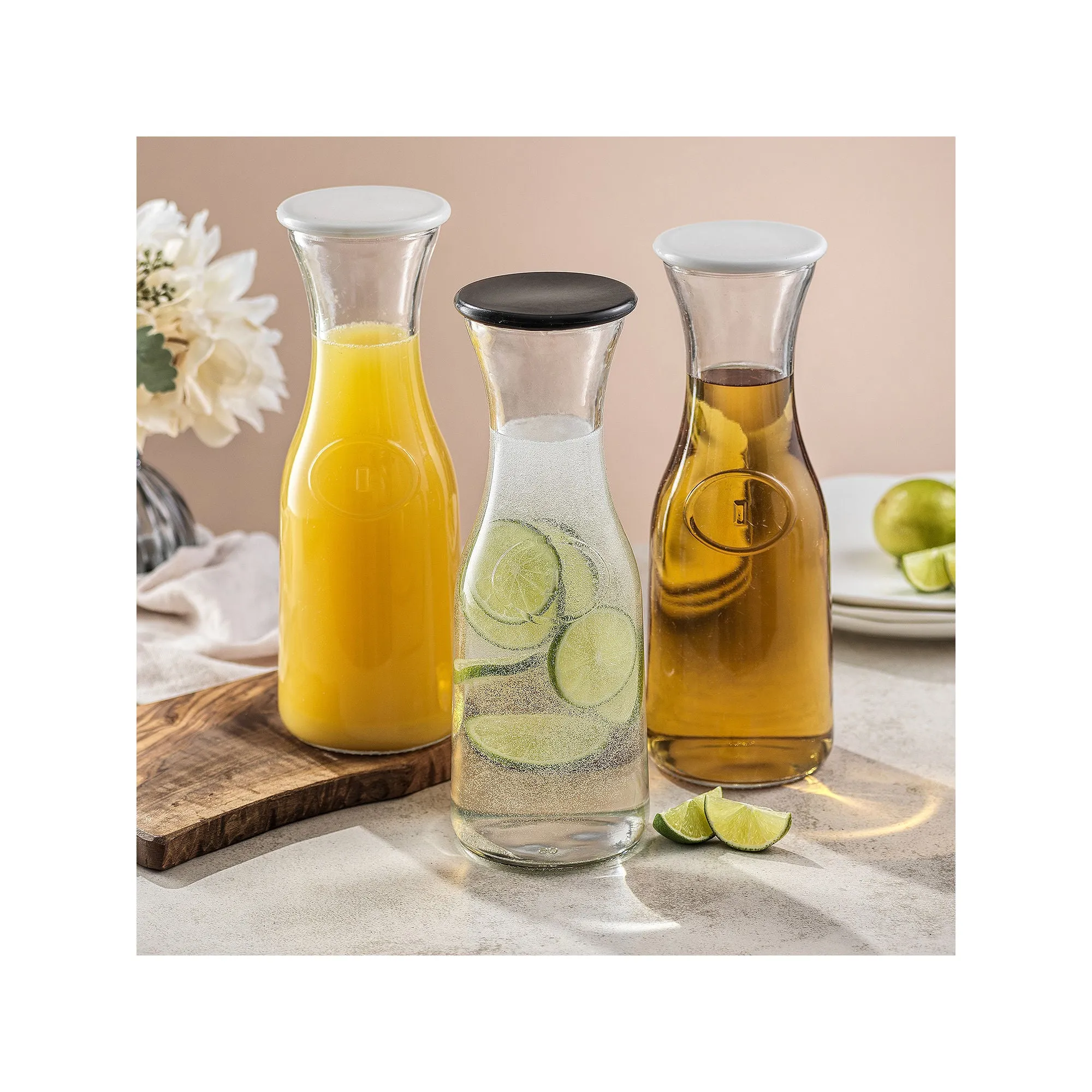 Joyjolt Hali Glass Bottle Pitcher With 6 Lids - 35 Oz - Set Of 3 Water Carafe - CLEAR ONE SIZE