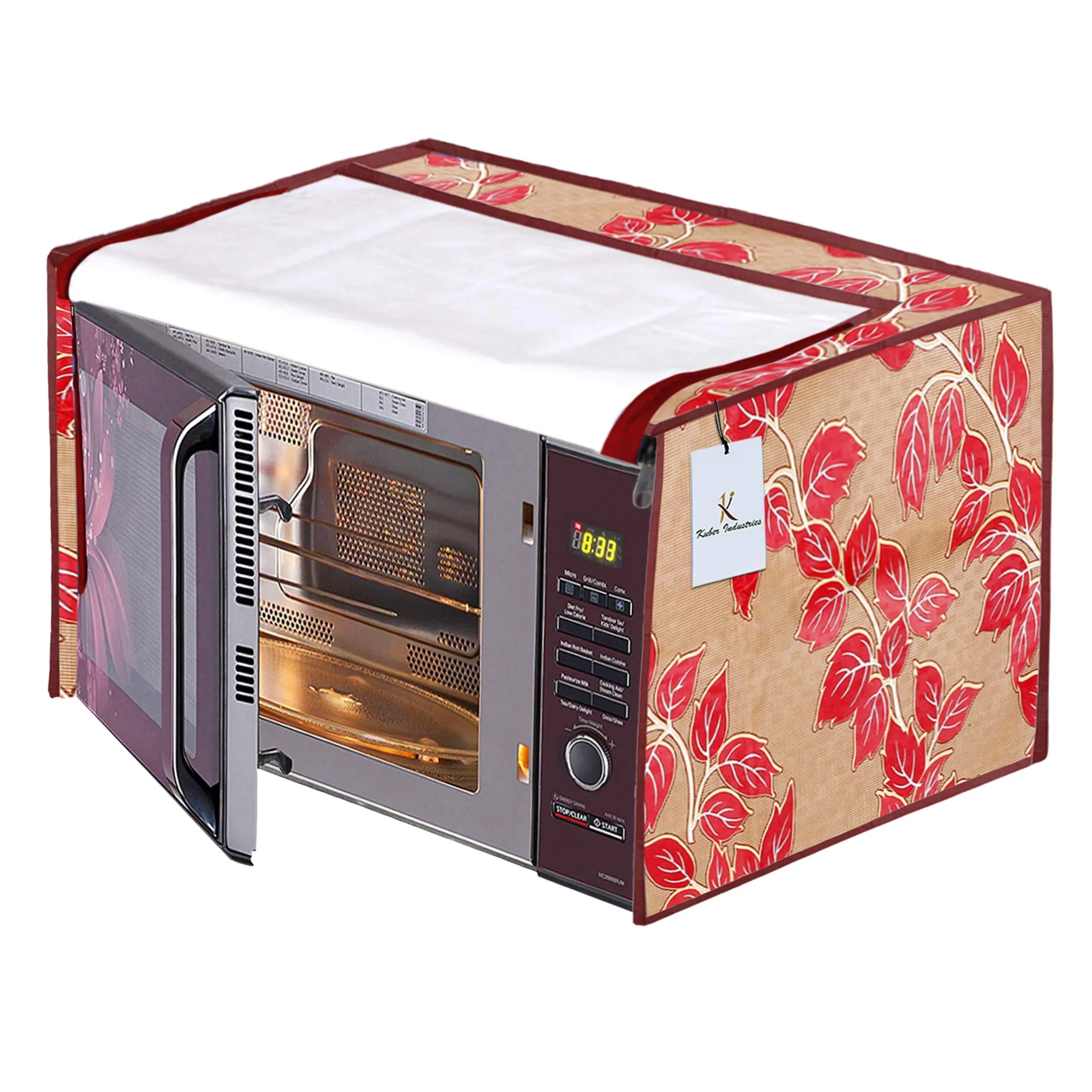 Kuber Industries Leaf Design PVC Microwave Oven Full Closure Cover for 23 Litre (Red) CTKTC33232