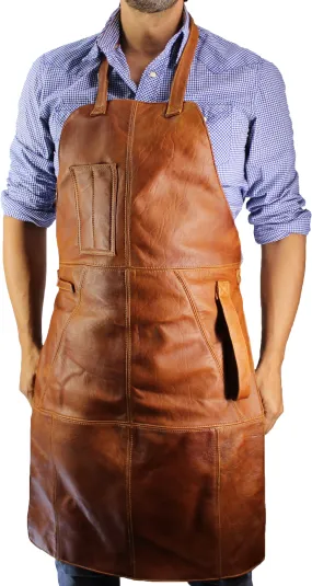 Leather Apron in - Honey Brown Leather BBQ Restaurant fashion Name Initials