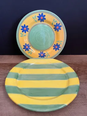 <€€ Pair/Set of 2 Dessert Salad Plates Green & Yellow Stripes Flowers Pot Luck Kaffe Fassett Furio Home