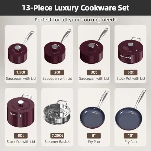 Lux 13pc Forged Lightweight Cookware Set PFAS Free, Healthy G10 Duralon Ceramic Coating, Ultra Non-Stick