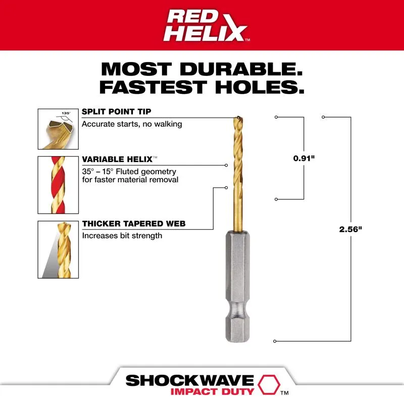 Milwaukee Shockwave 7/64 in. X 2.52 in. L Titanium Red Helix Drill Bit Hex Shank 2 pc