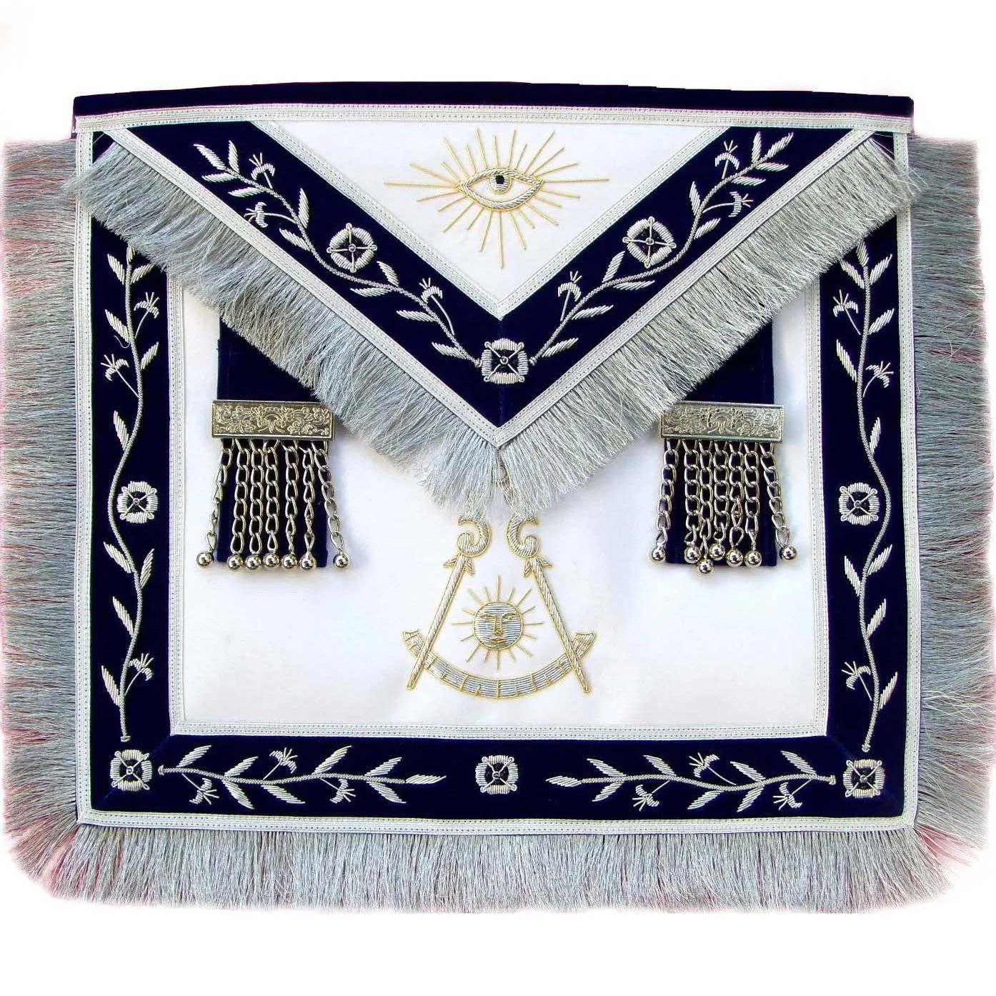 Past Master Blue Lodge Apron - Navy Blue with Silver Fringe Tassels Hand Embroidery