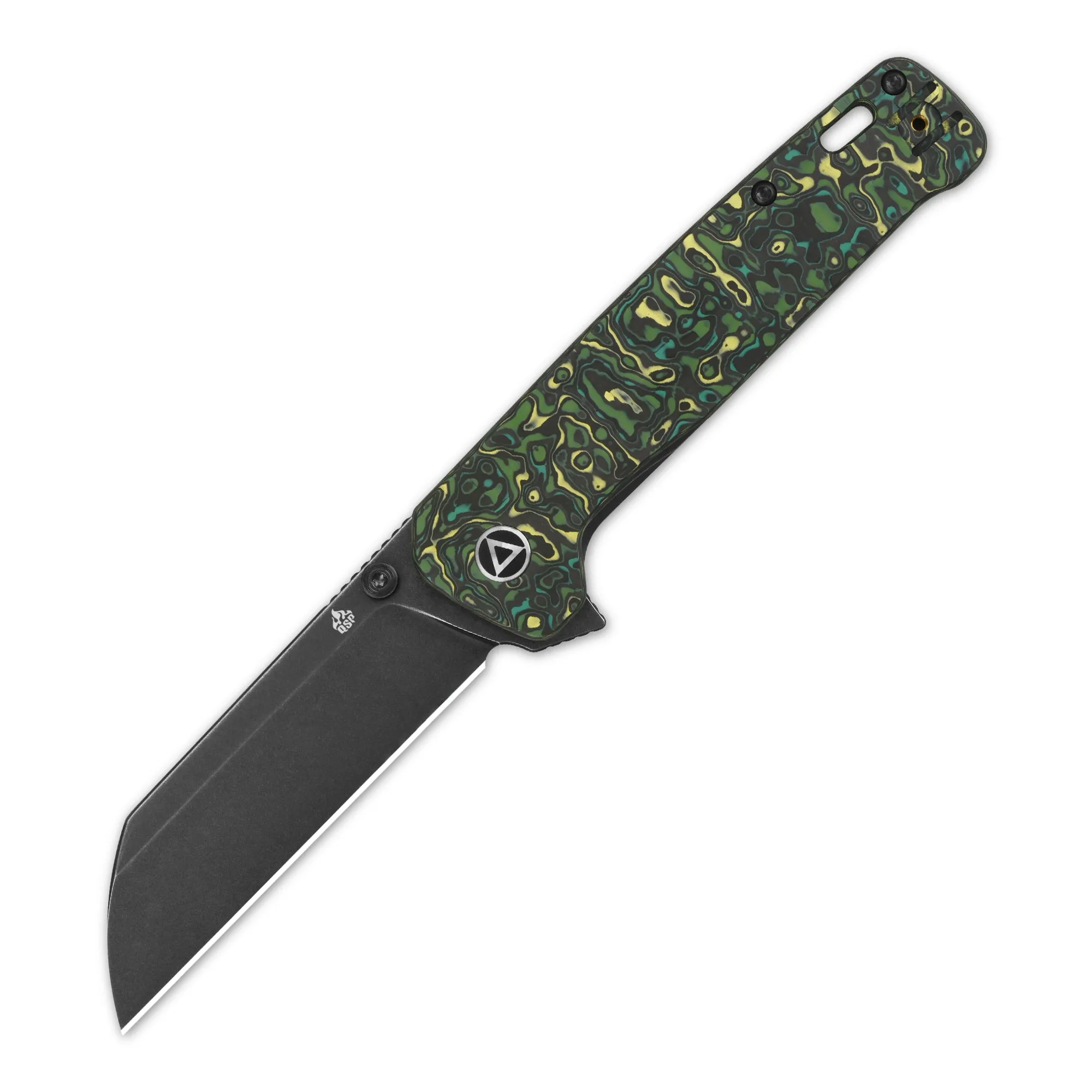 QSP Penguin Plus Frame Lock Pocket Knife 20CV Blade Yellow Green Camo CF and Ti Handle