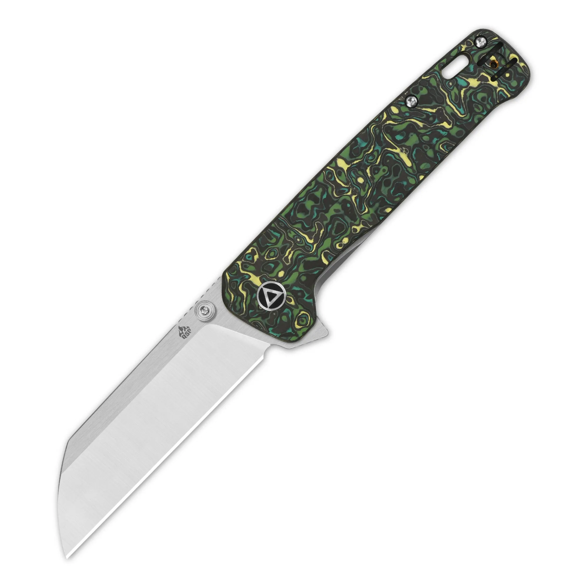 QSP Penguin Plus Frame Lock Pocket Knife 20CV Blade Yellow Green Camo CF and Ti Handle