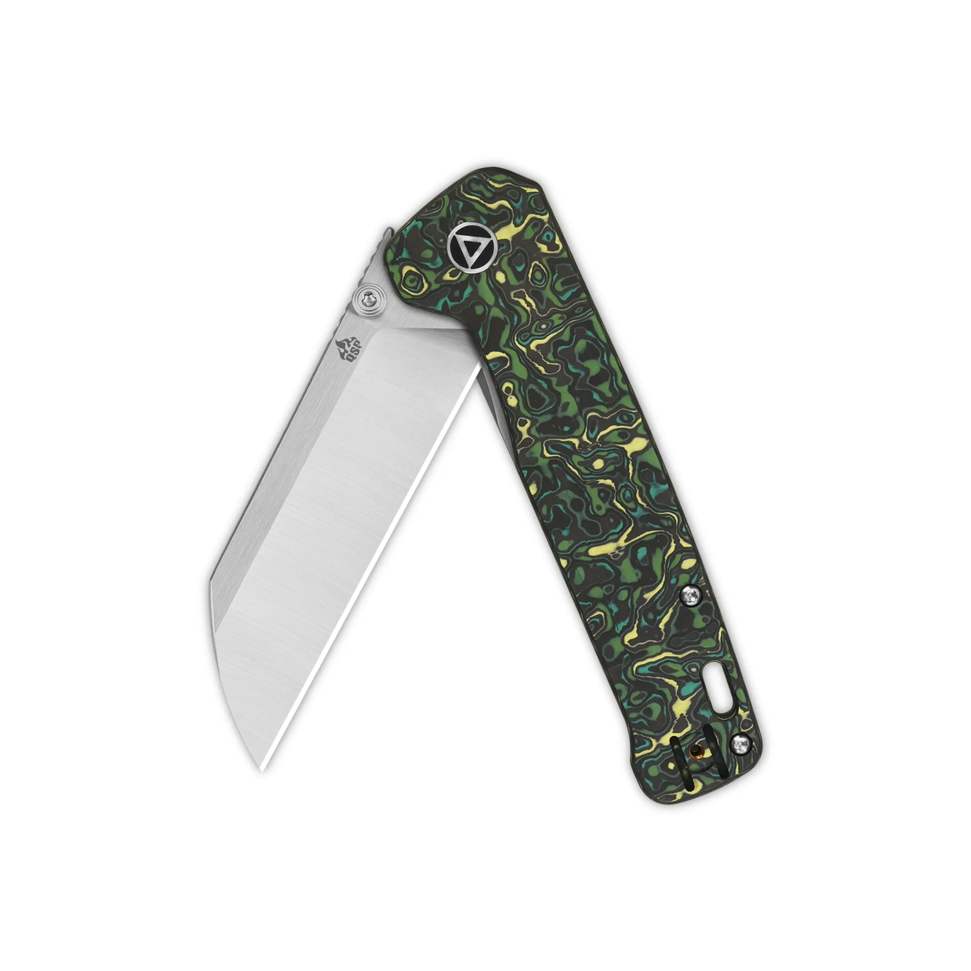 QSP Penguin Plus Frame Lock Pocket Knife 20CV Blade Yellow Green Camo CF and Ti Handle